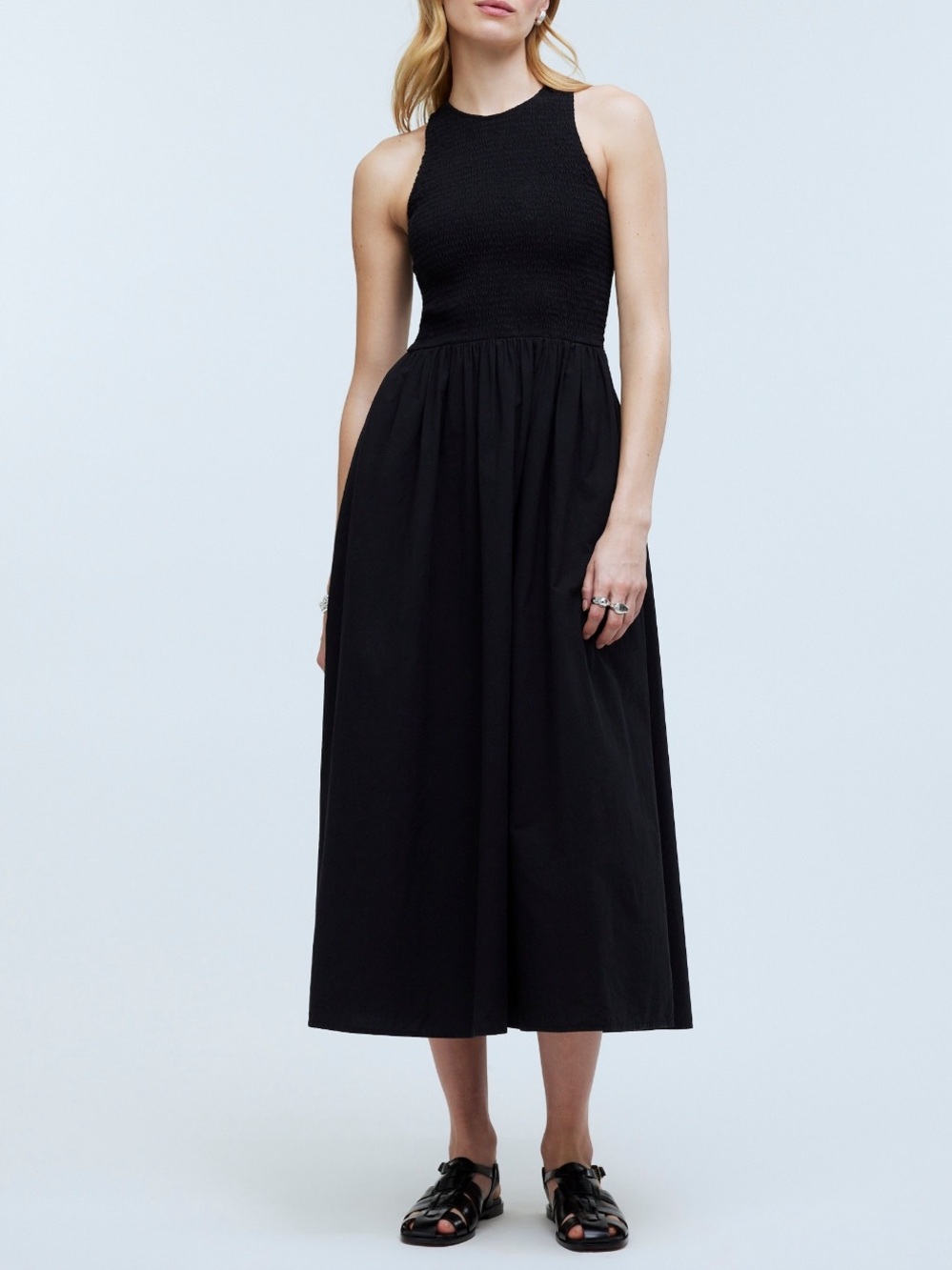 Madewell Black Smocked Melody Midi Dress